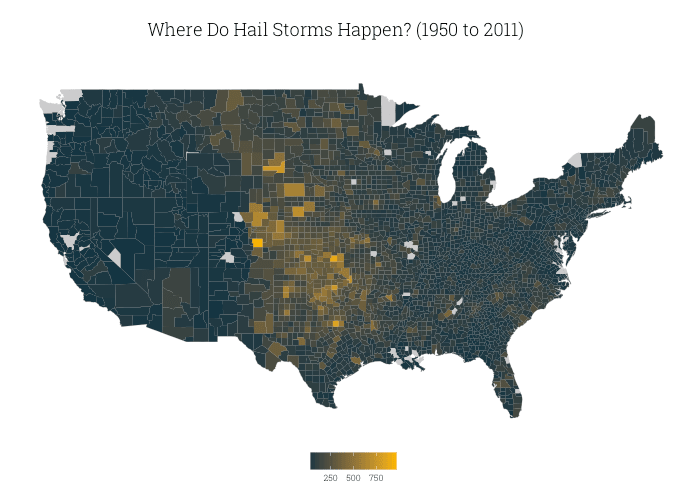 Map shows the number of hail incidents per country between 1950 and 2011