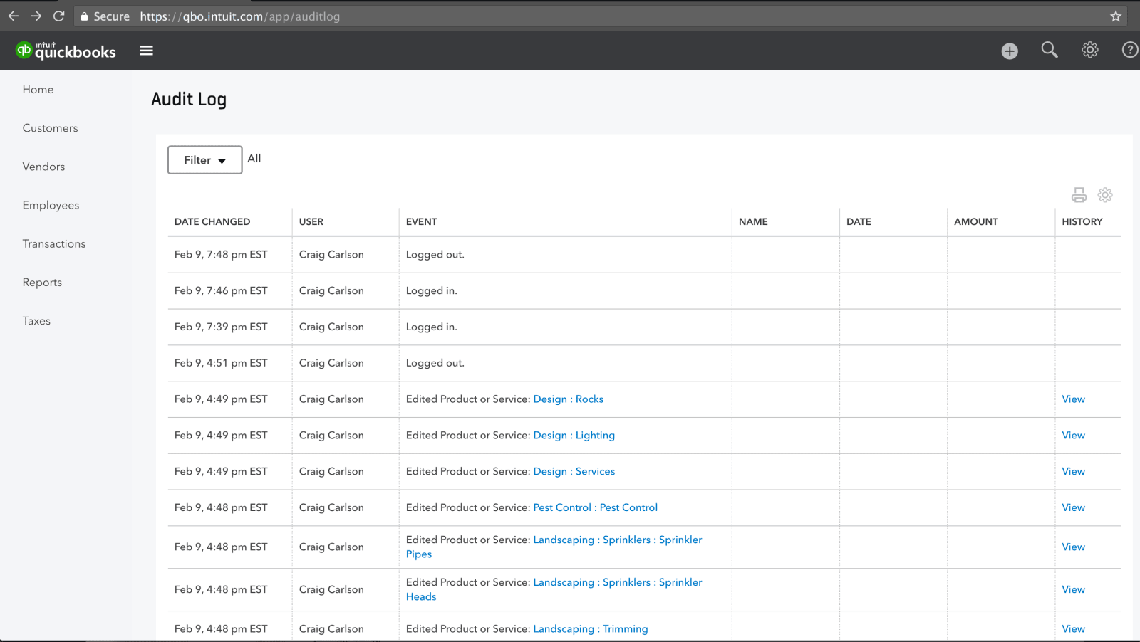 QuickBooks Online Audit Log