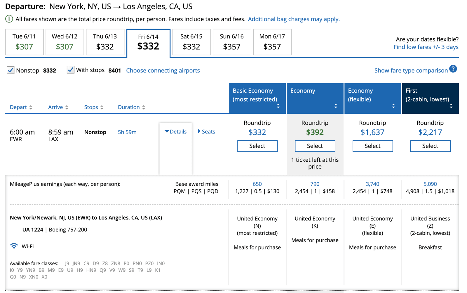 United Fare Class Chart