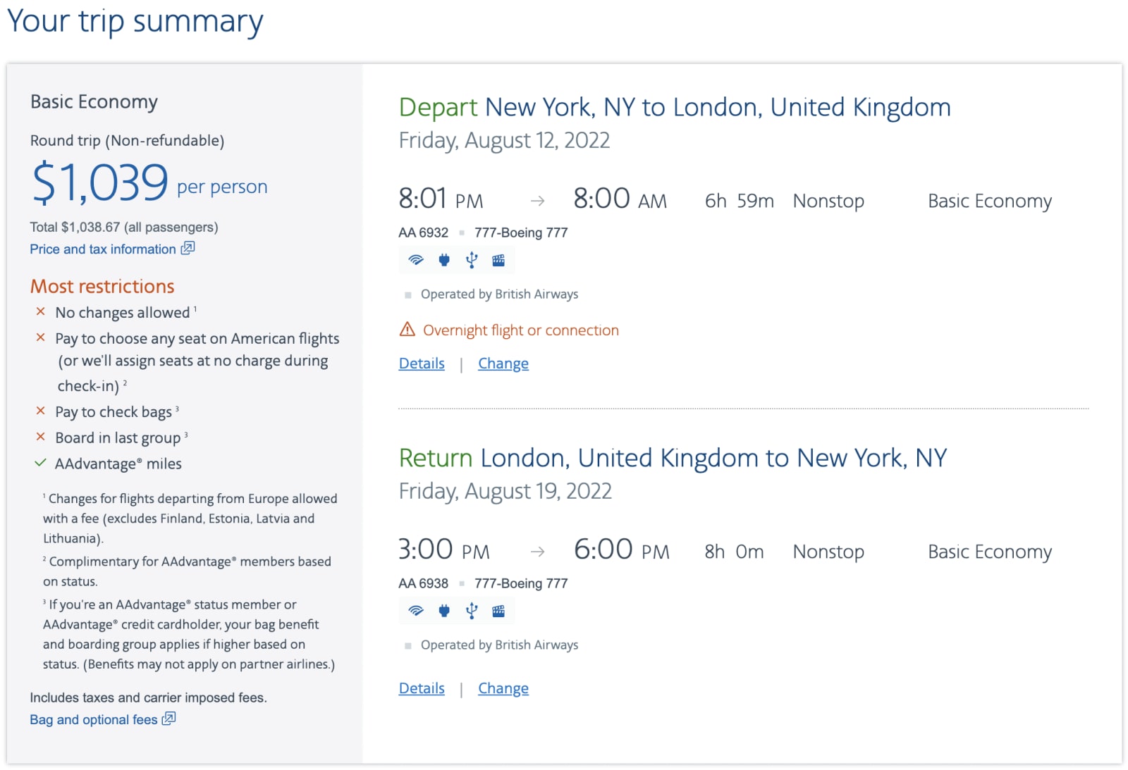 New York to London Gatwick on AA itinerary