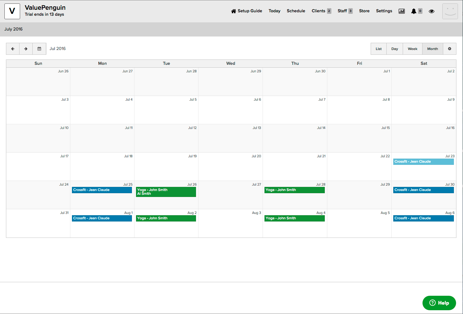 Pike13 Front Desk Color Coded Schedule