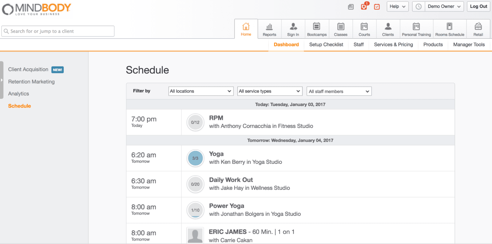 MINDBODY Schedule Dashboard