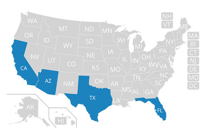 This map shows the states that Infinity directly underwrites auto insurance in.