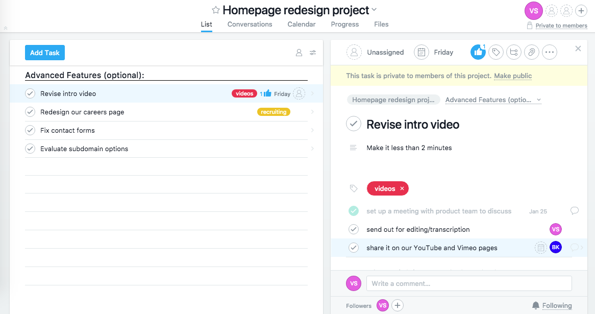 Asana review assignments subtasks
