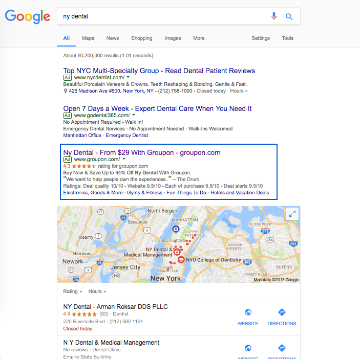 Dental Groupon Google search results