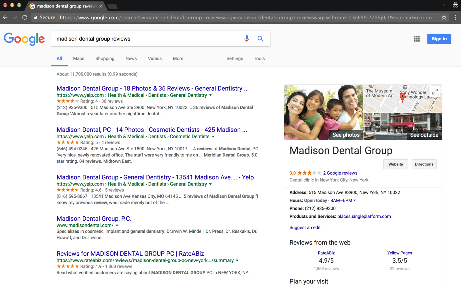 Example of Practice With Many RateABiz Reviews but Few Yelp Reviews