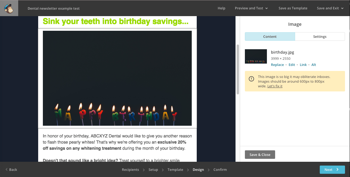 MailChimp advisory about image size in newsletter