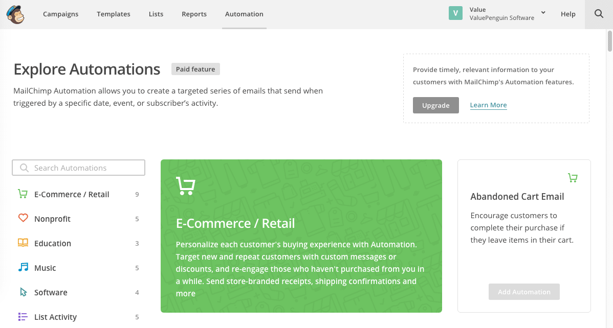 MailChimp review: list of available email automations