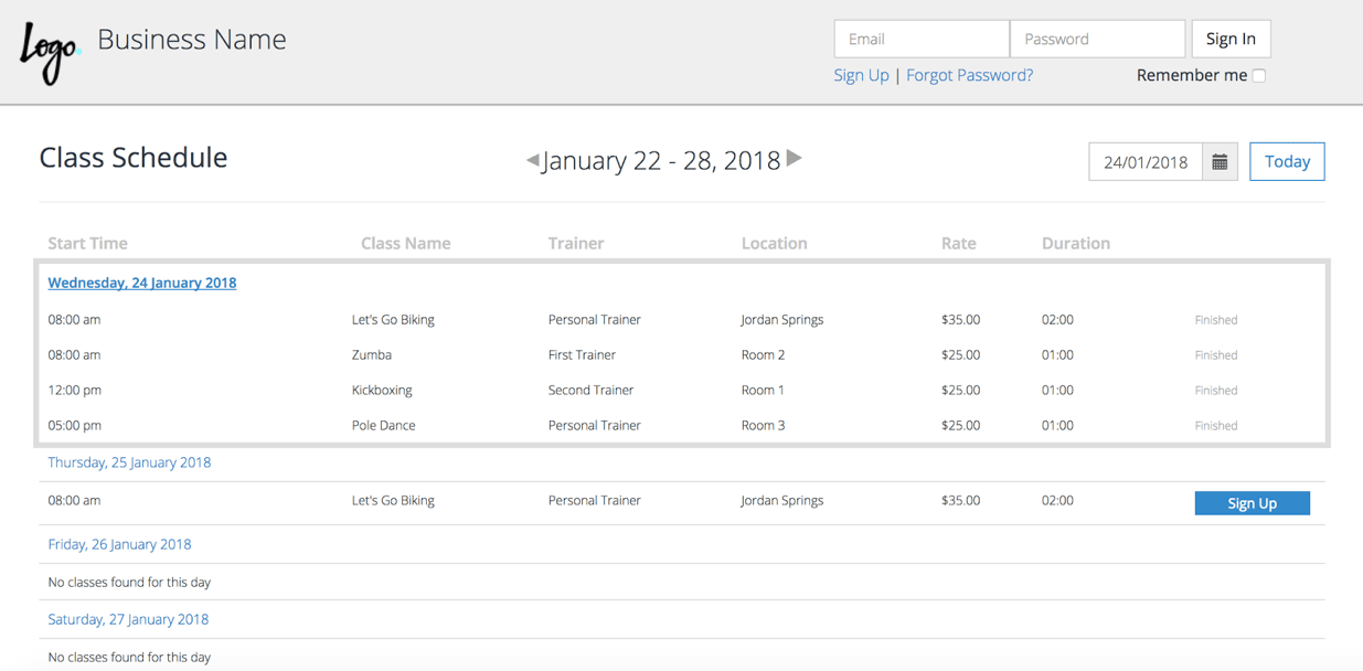 PTminder Client Class Schedule