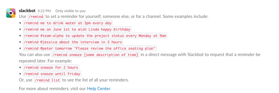 Slack review slash command for reminders