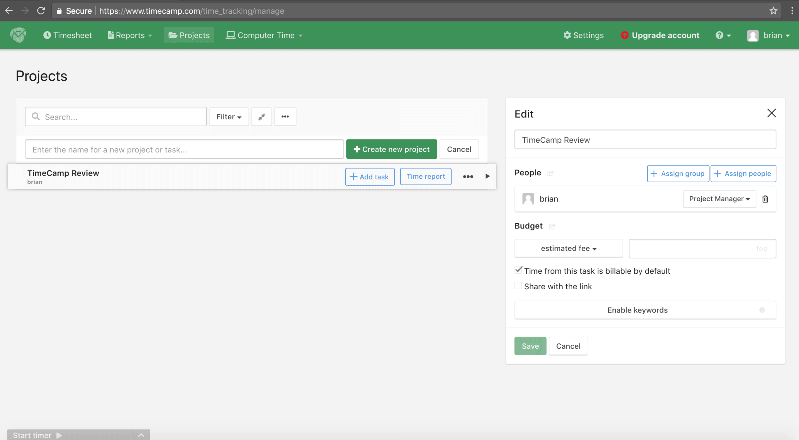 TimeCamp Review Create New Project