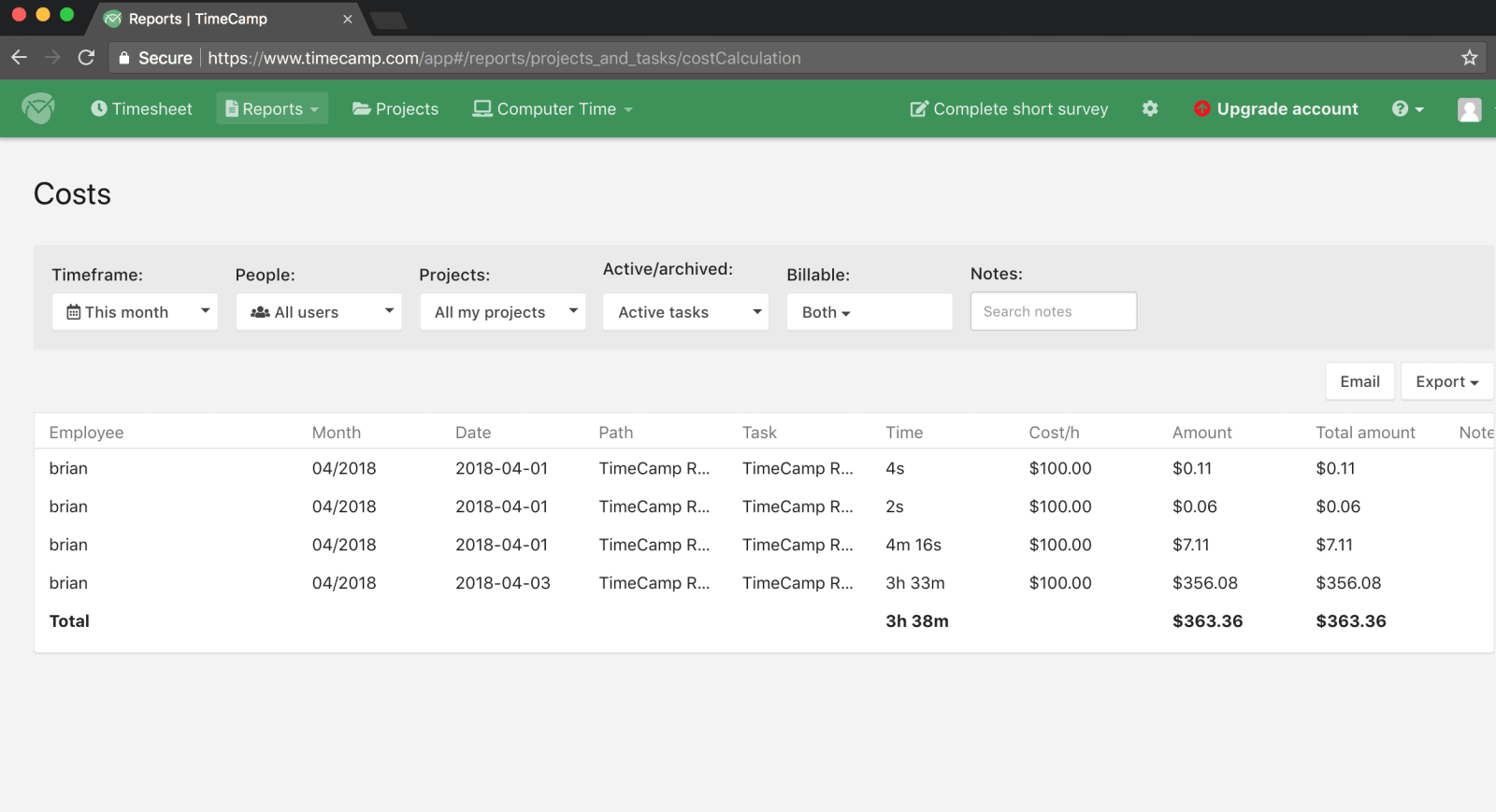 TimeCamp Review Adding Project Costs