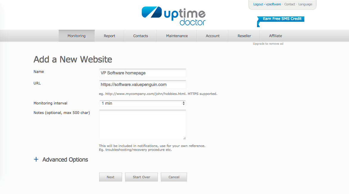 Uptime Doctor monitoring add website check
