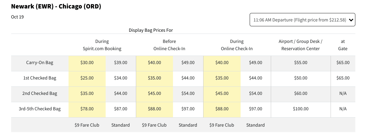 Precios de la maleta facturada Spirit