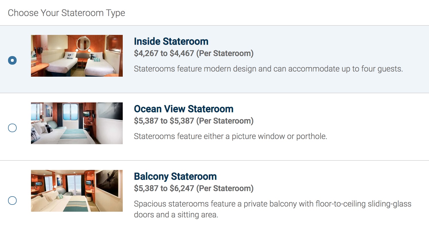 Stateroom choices