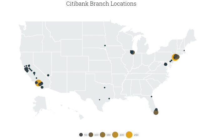 map of Citibank branches in the US, by county