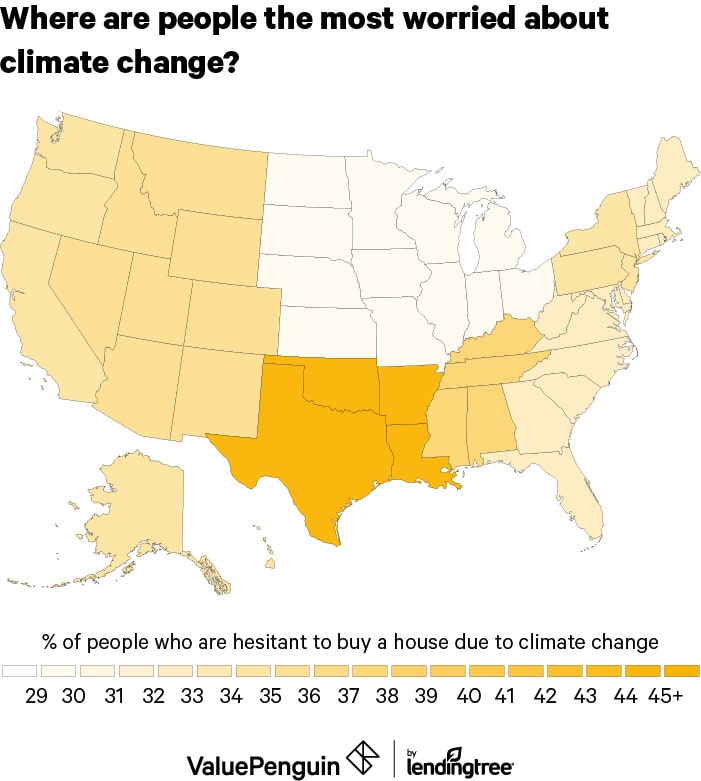 A heat-map illustrating where people were most likely to worry about climate change while thinking about buying a home