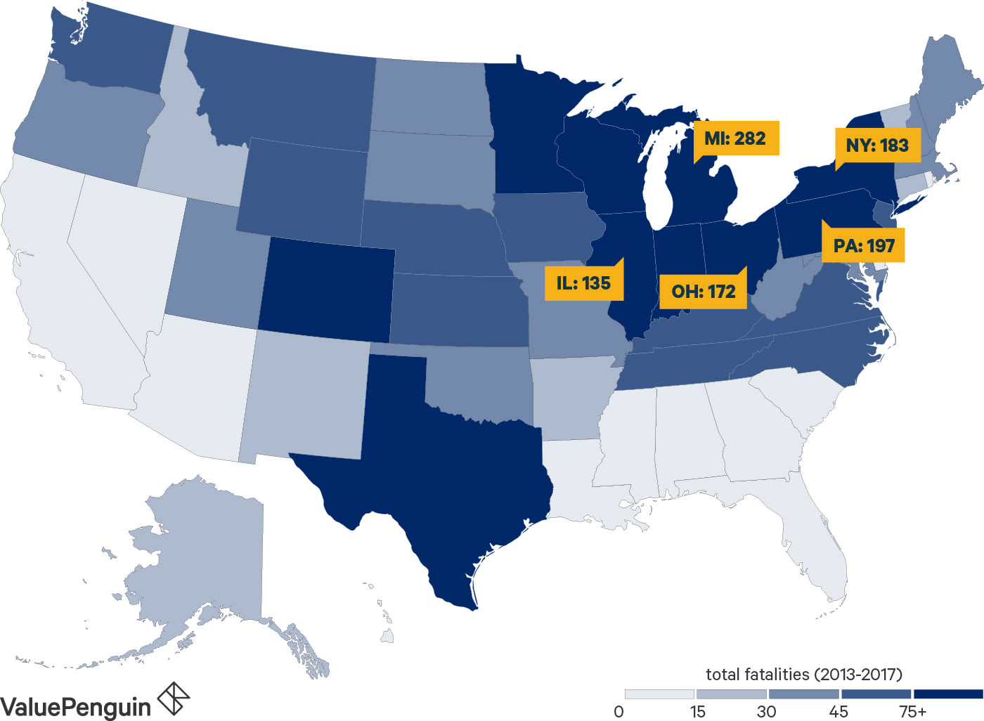 Heat map of the states with the highest number of fatalities caused by car accidents that occured in snow, freezing rain, sleet or hail