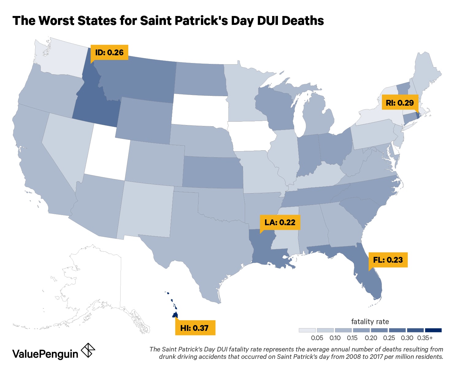 Heat map of the worst states for st patrick's day DUI fatalities.
