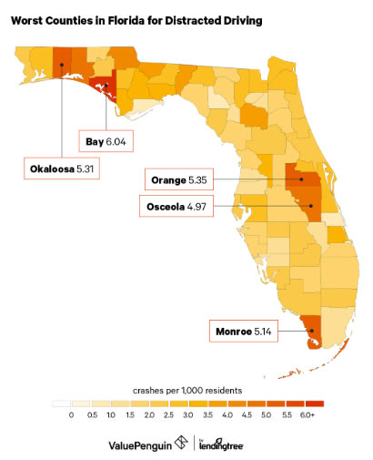This image shows a heat map of the worst counties in Florida for distracted driving.