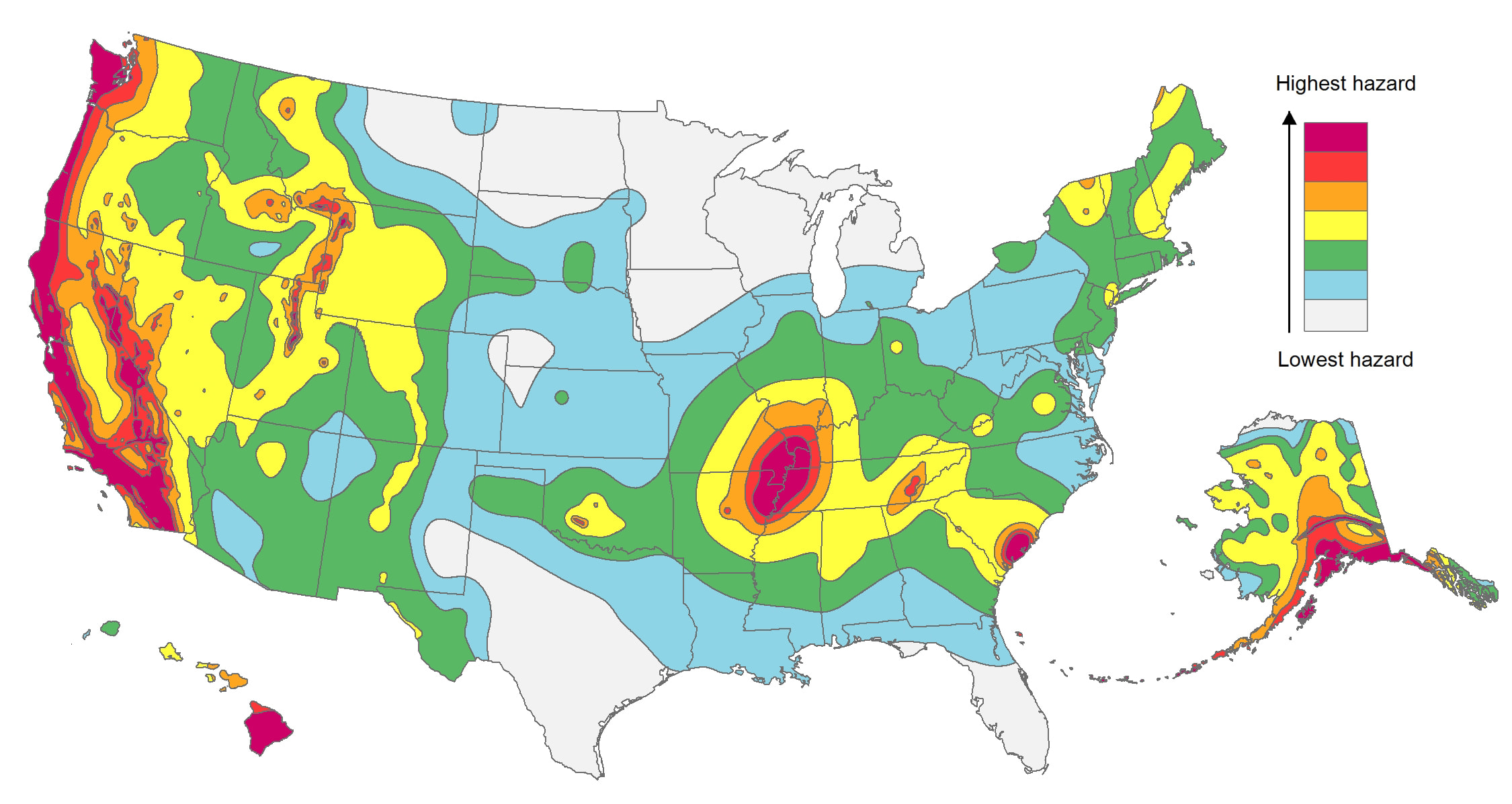 This map from the USGS shows which regions in the U.S. have the highest hazards for earthquakes