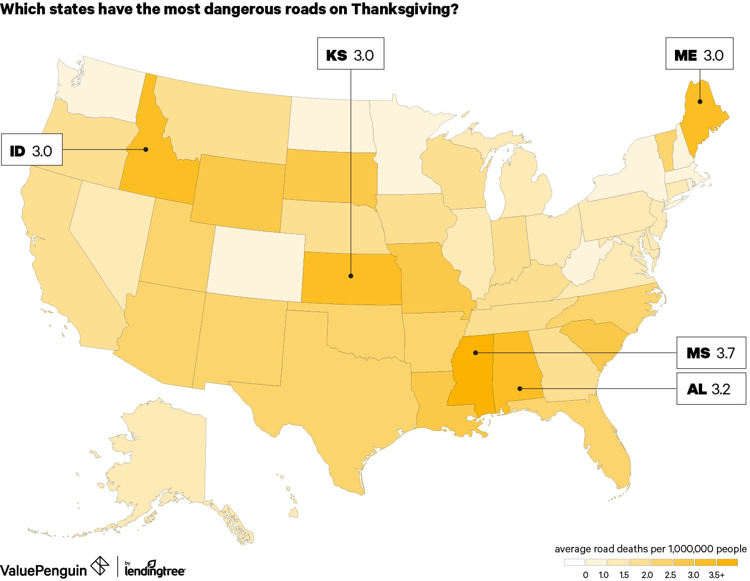 Heat map showing which states have the most road deaths over Thanksgiving weekend