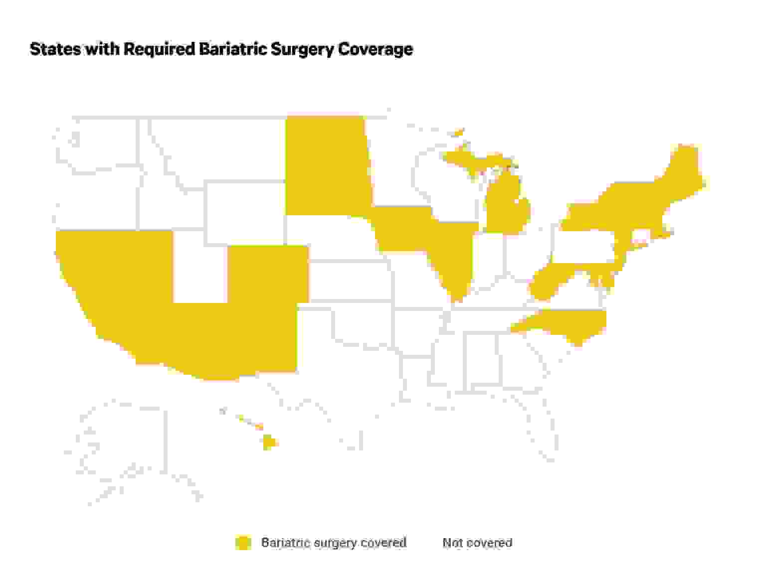 This state map shows the 23 states where bariatric surgery is covered by ACA-compliant health insurance plans