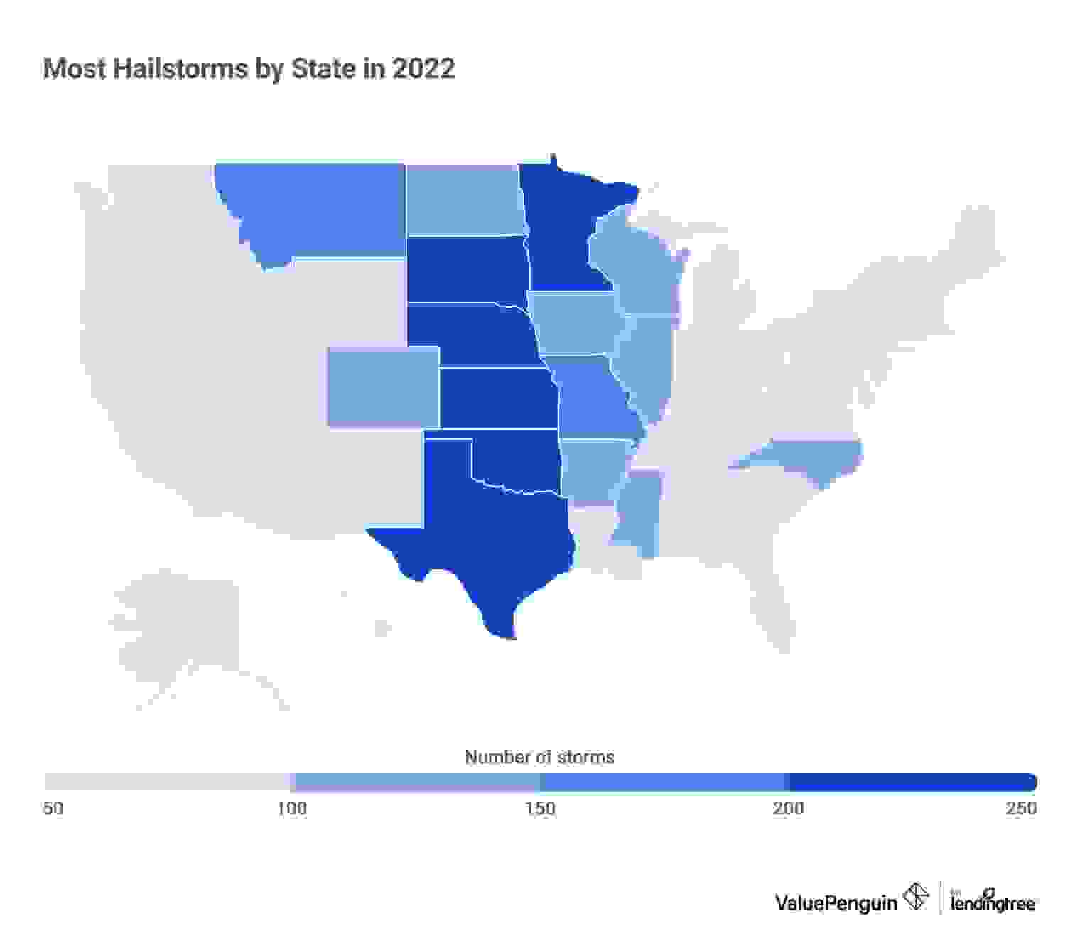 National map of which states have the most hailstorms