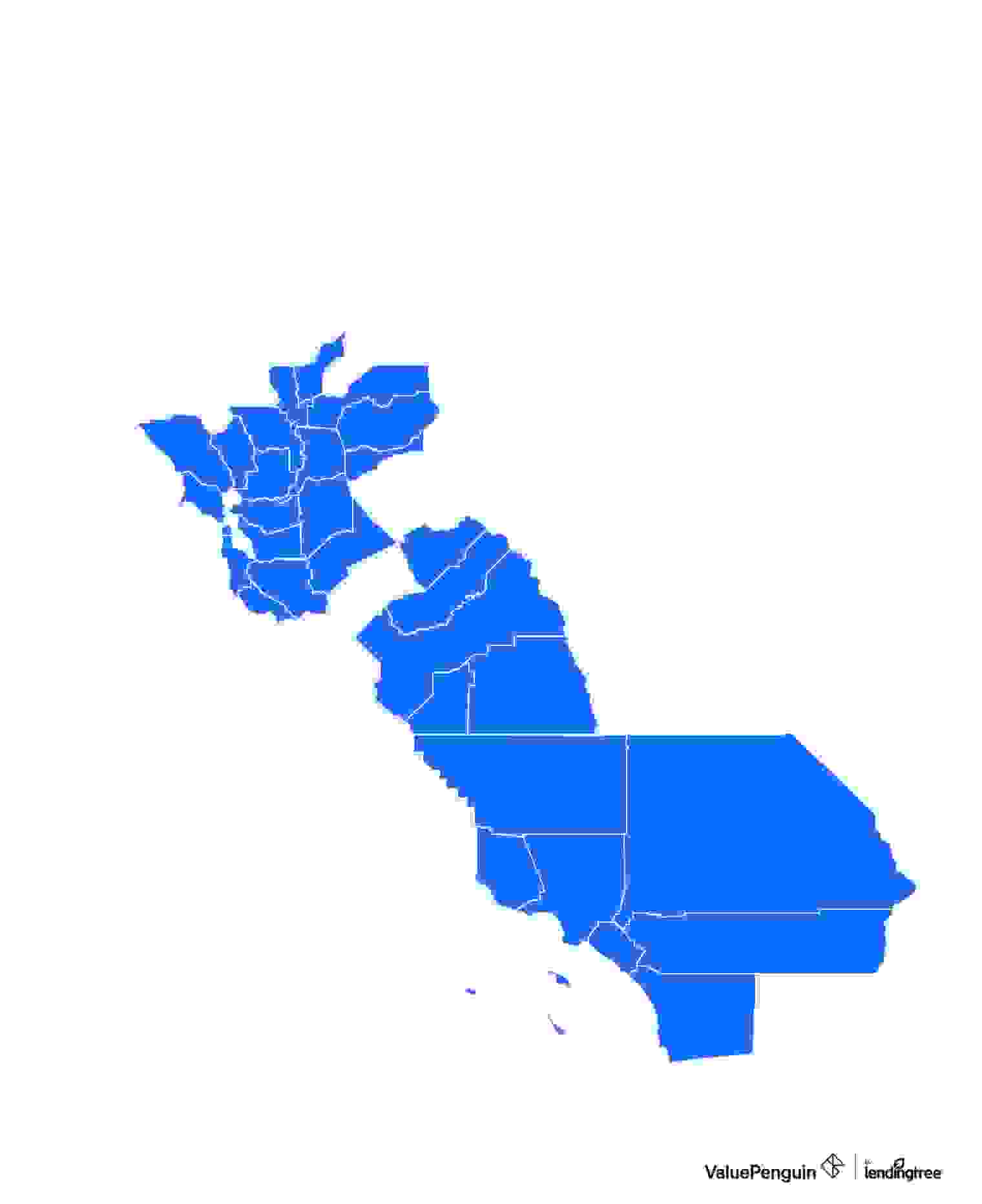 Map showing California counties where Kaiser Permanente sells Medicare Advantage plans
