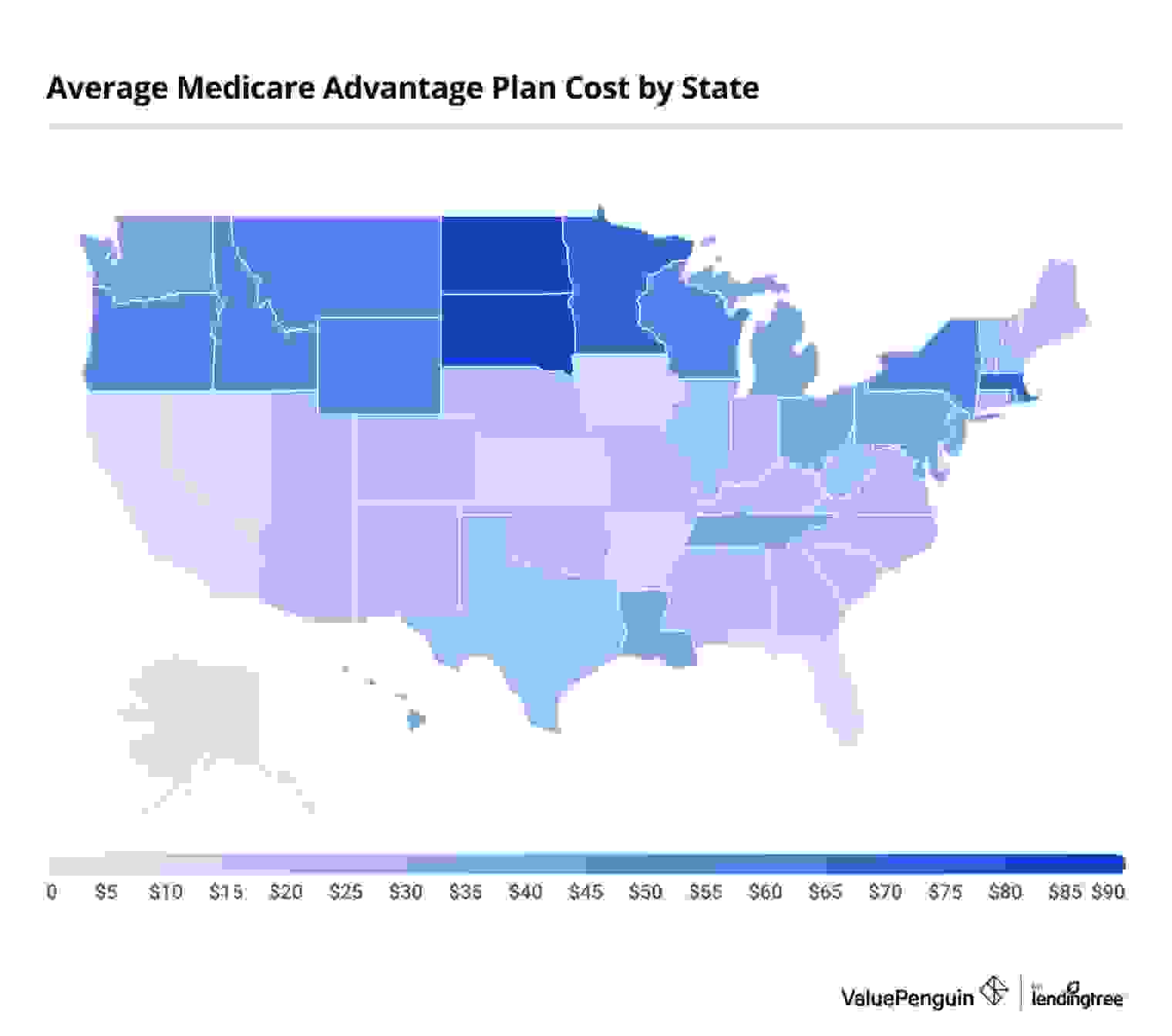Average monthly cost of Medicare Advantage plans in each state excluding Alaska