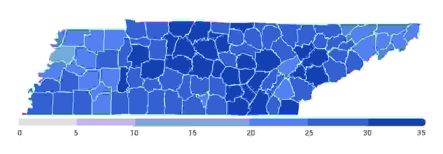 Tennessee map showing the number of Medicare Advantage plans available in each county
