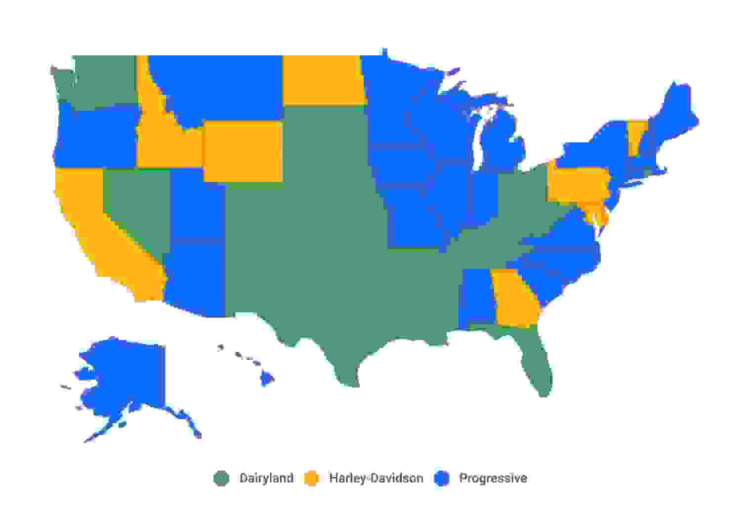 Map showing the cheapest motorcycle insurance company in each state