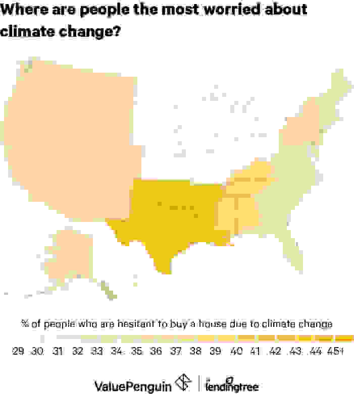 A heat-map illustrating where people were most likely to worry about climate change while thinking about buying a home