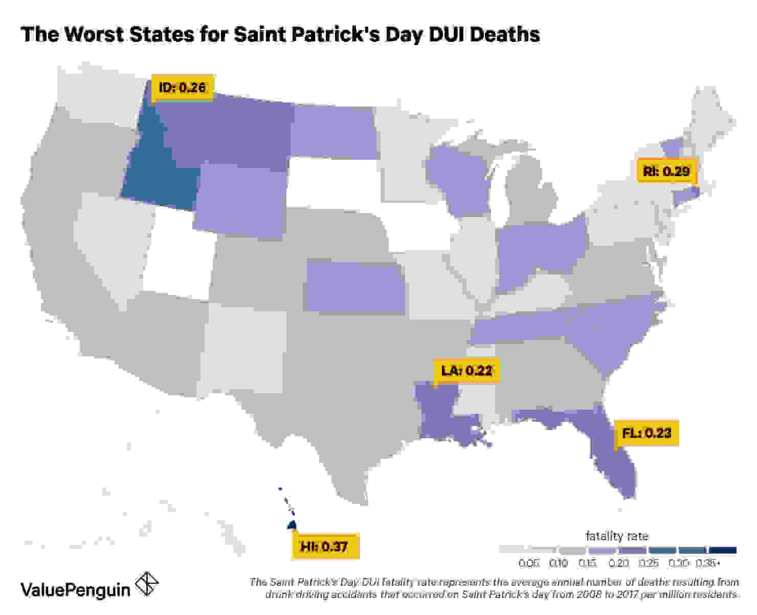 Heat map of the worst states for st patrick's day DUI fatalities.