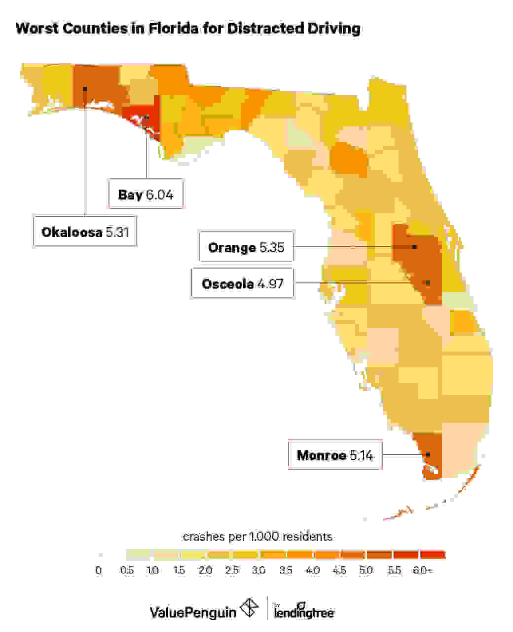 This image shows a heat map of the worst counties in Florida for distracted driving.