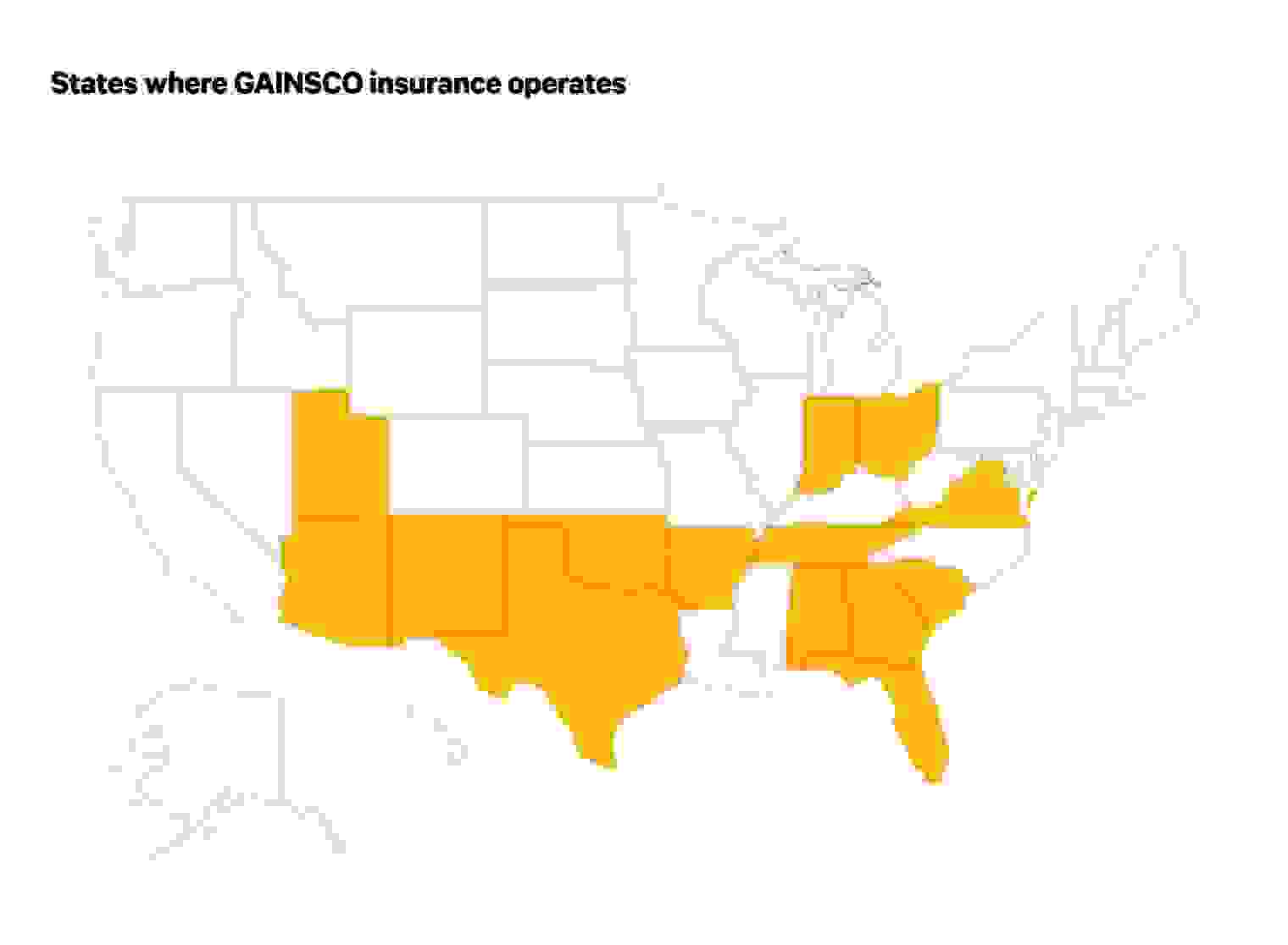 This map shows where GAINSCO insurance operates.