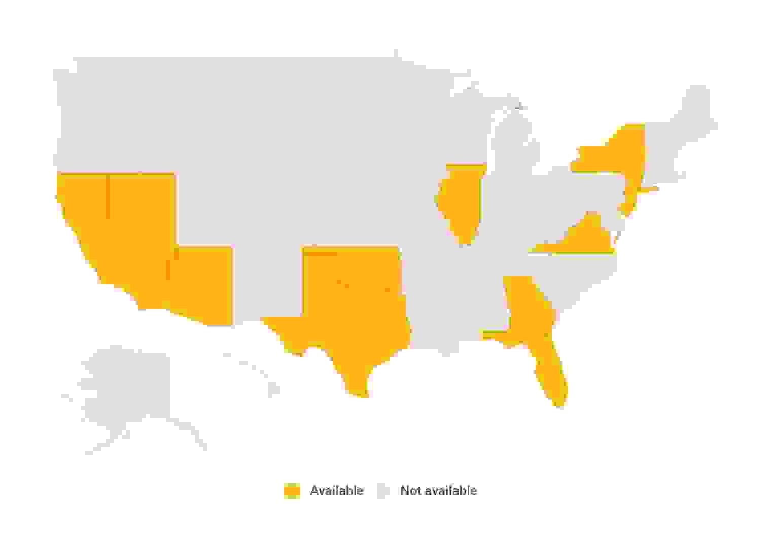 Map showing states in which Mercury insurance is available
