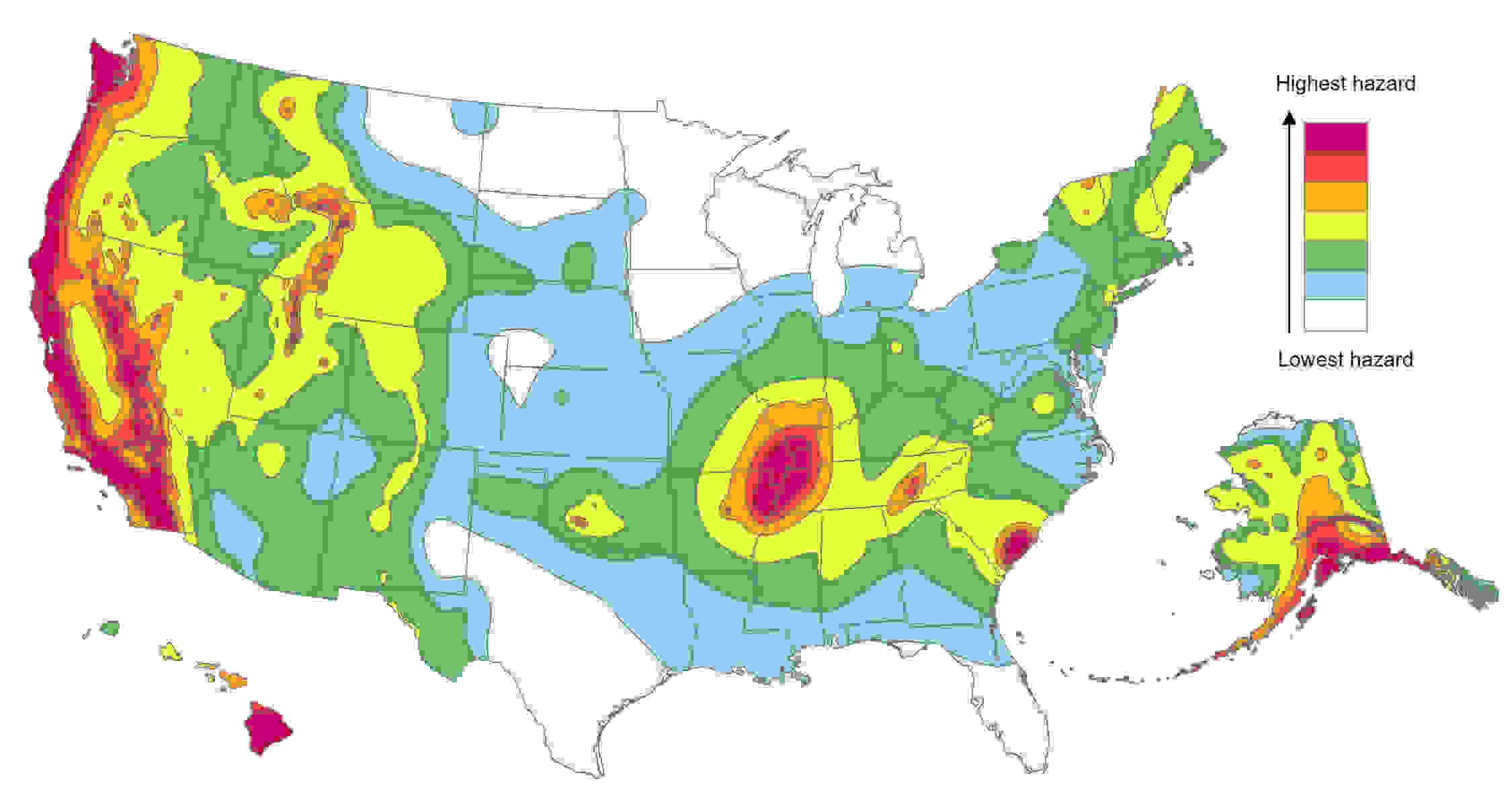This map from the USGS shows which regions in the U.S. have the highest hazards for earthquakes