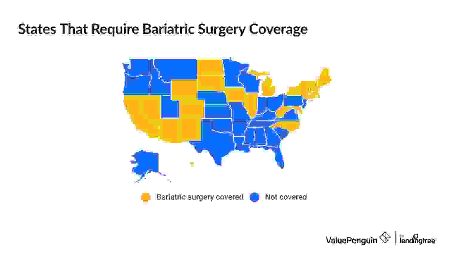 This state map shows the 23 states where bariatric surgery is covered by health insurance plans that follow ACA rules