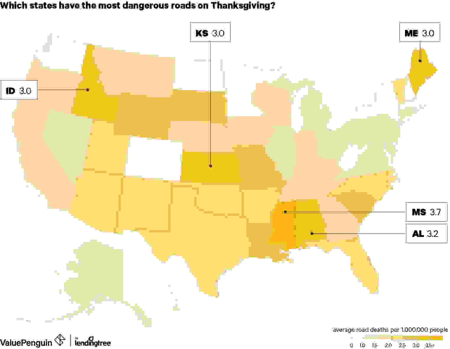 Heat map showing which states have the most road deaths over Thanksgiving weekend