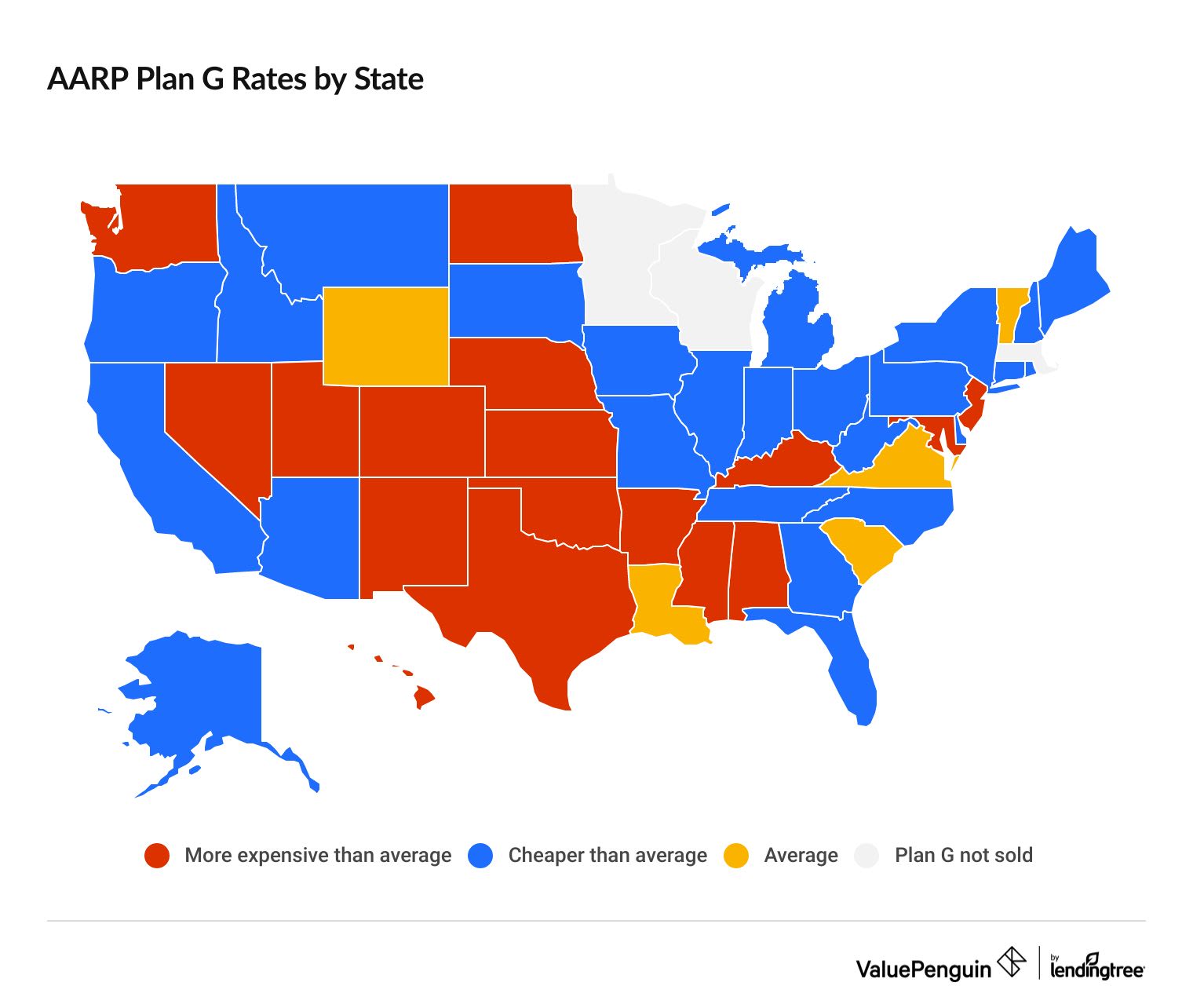 Map showing AARP Plan G costs by state