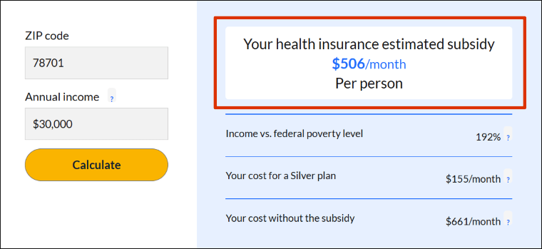 Image showing the subsidy amount on ValuePengin's ACA subsidy calculator
