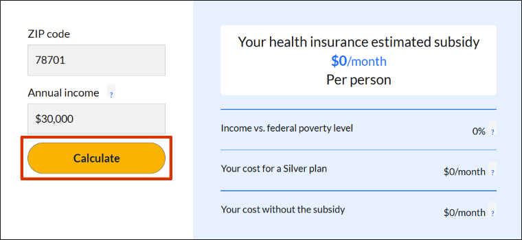 Image showing the calculate button on ValuePengin's ACA subsidy calculator