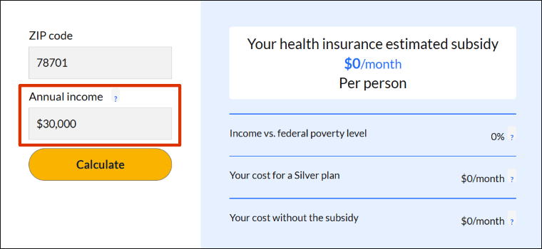 Image showing the income section of ValuePengin's ACA subsidy calculator