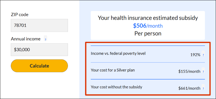 Image showing the other info on ValuePengin's ACA subsidy calculator