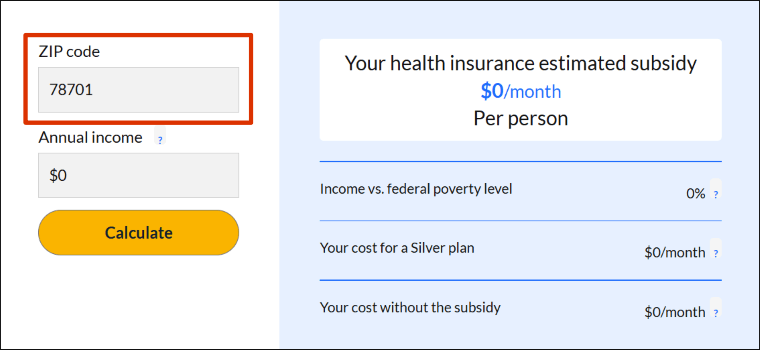 Image showing the ZIP section of ValuePengin's ACA subsidy calculator