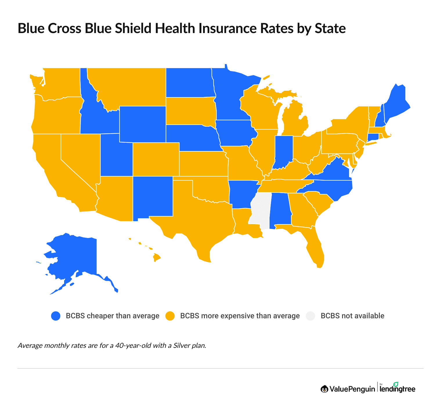 Map showing Blue Cross Blue Shield rates by state