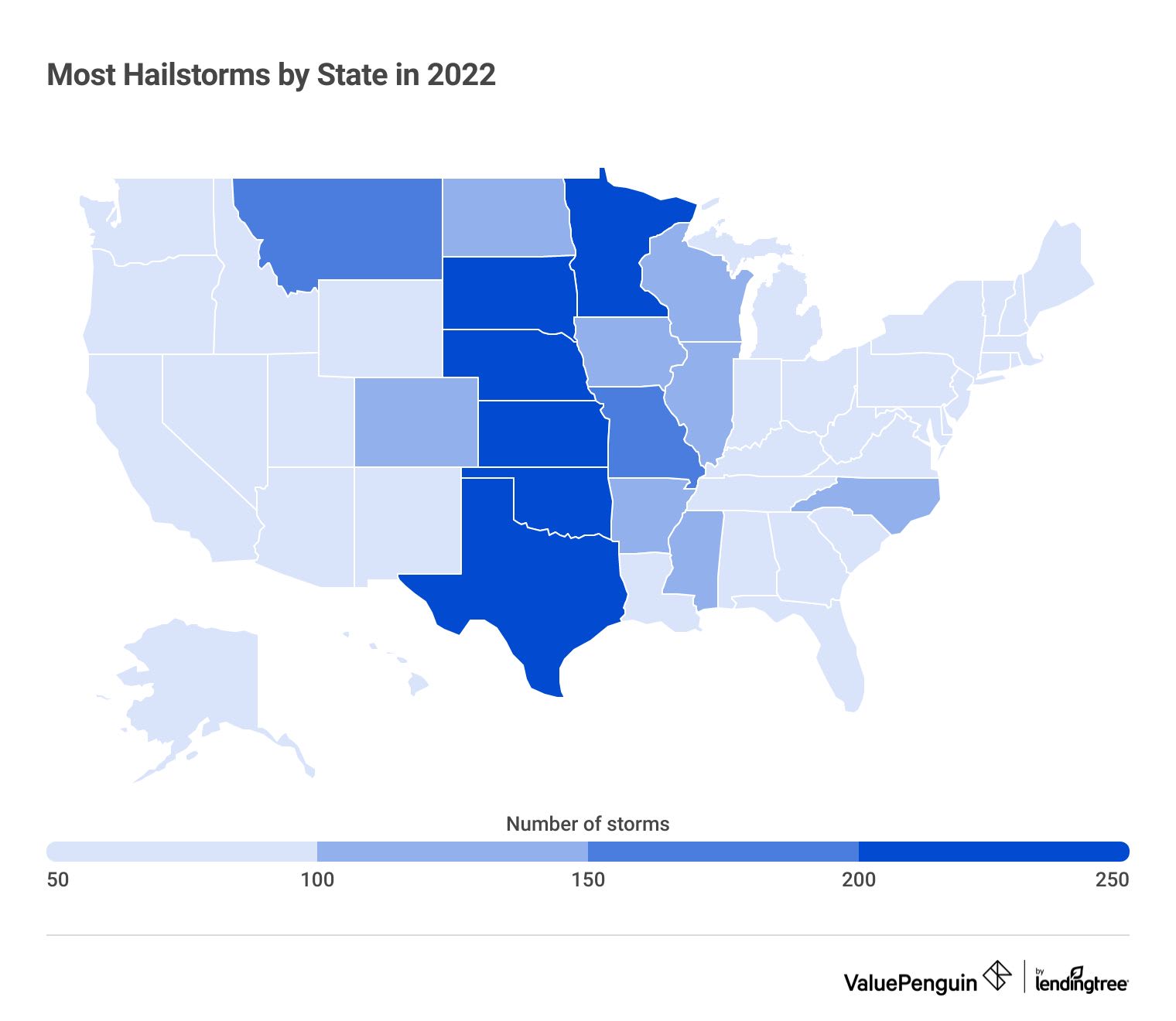 National map of which states have the most hailstorms