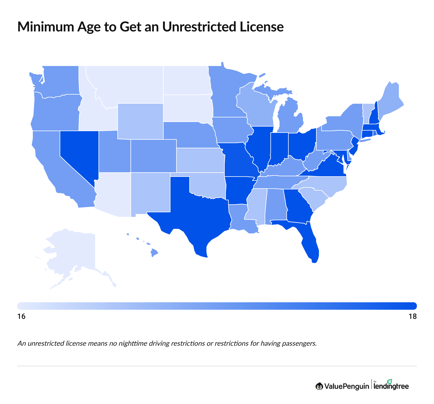 Map showing the minimum age to get an unrestricted driver's license in each state
