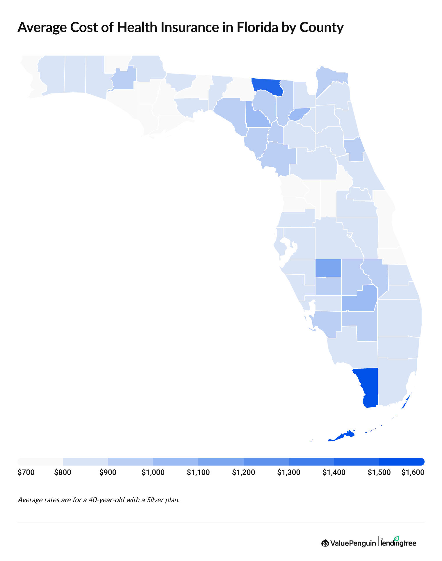 Map of Florida showing the average cost of a Silver health insurance plan by county